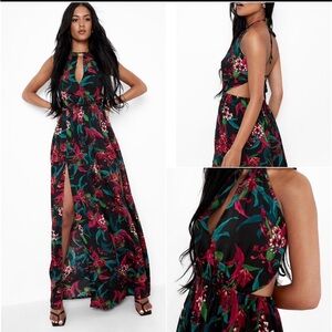 Boohoo (TALL) Black Floral Maxi Dress with Tropical Floral Design